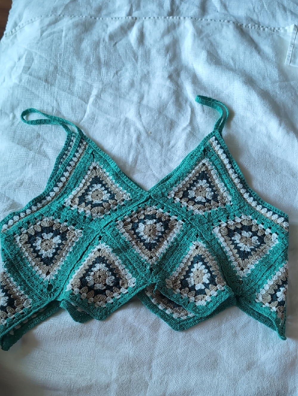 Handmade Crochet Crop Top in Teal and Cream